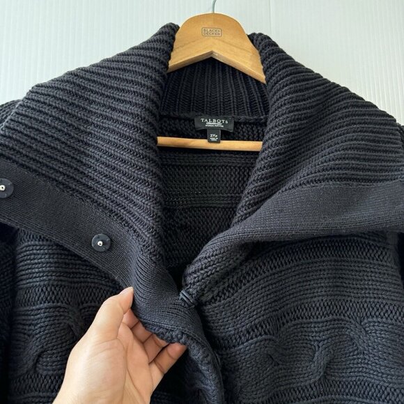 TALBOTS Woman Petite 2X Cable Knit Cowl Neck Sweater Snap Button Black Cotton - Picture 5 of 14